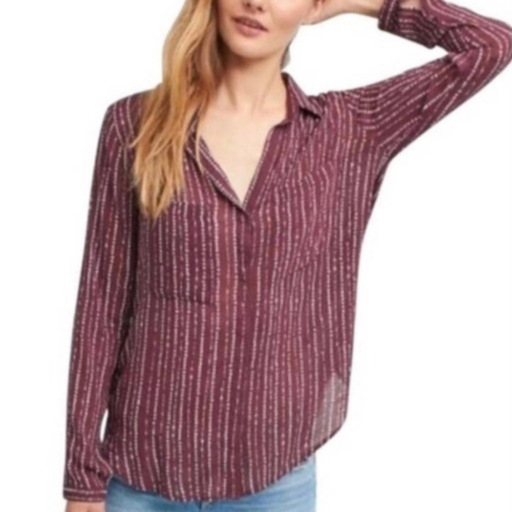 Cloth & Stone Maroon Kerry Arrow Print Button Semi-Sheer Hi-Lo Shirt Women's